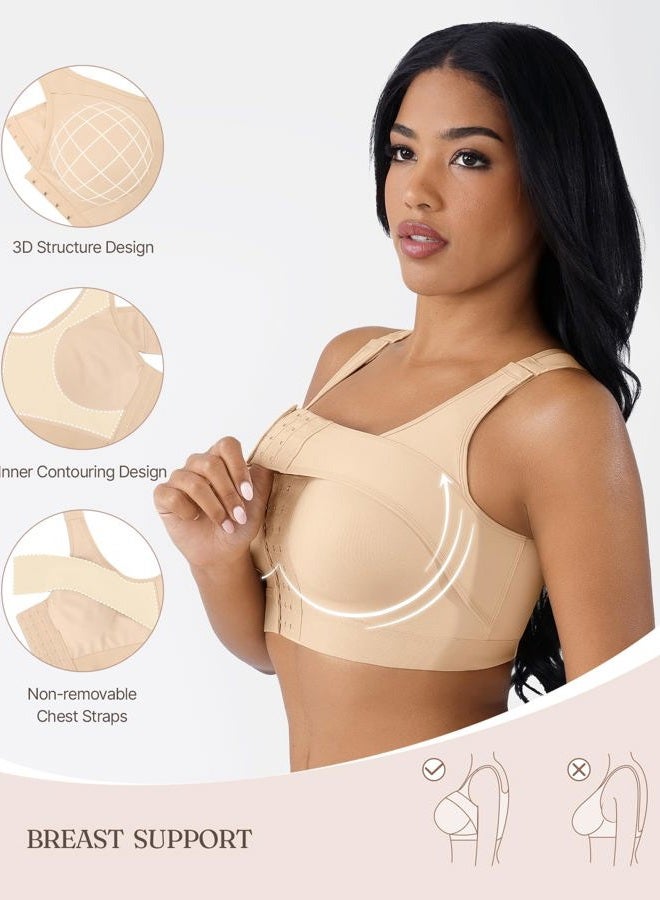 FeelinGirl Front Closure Posture Corrector Bra for Women Post Surgery Compression Bra with Breast Support Band, Khaki, L - Image 2