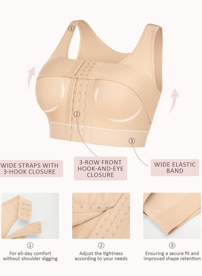 FeelinGirl Front Closure Posture Corrector Bra for Women Post Surgery Compression Bra with Breast Support Band, Khaki, L - Image 4