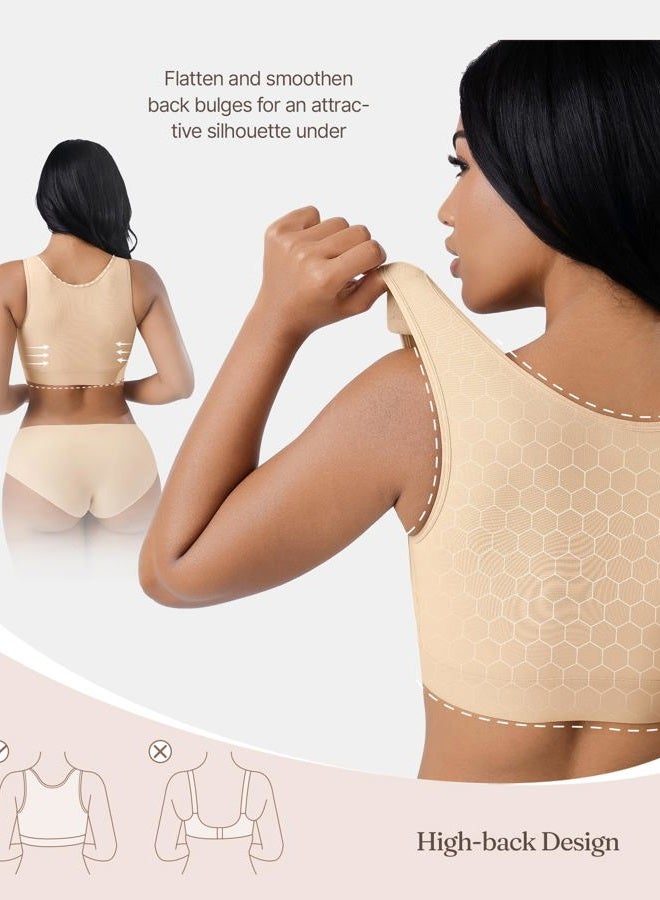 FeelinGirl Front Closure Posture Corrector Bra for Women Post Surgery Compression Bra with Breast Support Band, Khaki, L - Image 3