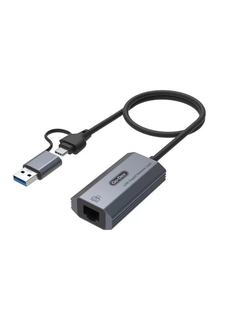 GO-DES - GD-6836 RJ45 to Type-C and USB-A Gigabit Ethernet Adapter Cable (1000Mbps) - Image 1
