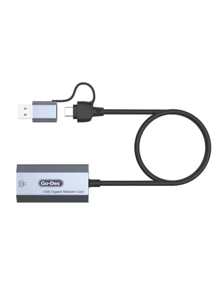 GO-DES - GD-6836 RJ45 to Type-C and USB-A Gigabit Ethernet Adapter Cable (1000Mbps) - Image 1