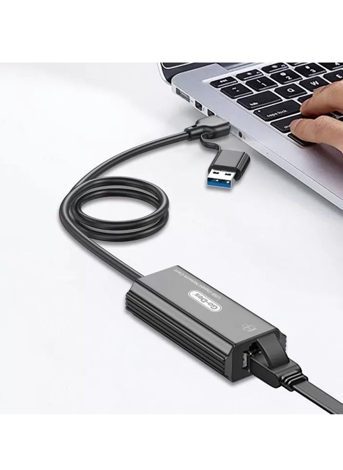 GO-DES - GD-6836 RJ45 to Type-C and USB-A Gigabit Ethernet Adapter Cable (1000Mbps) - Image 1
