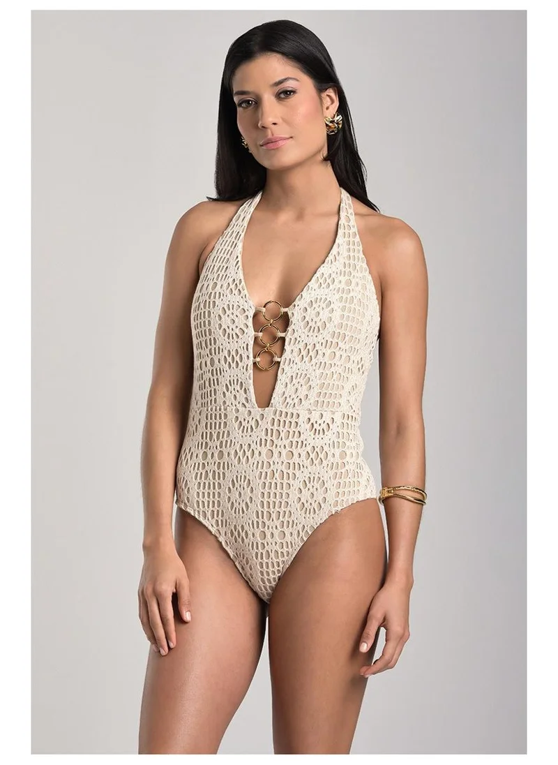 Swimsuit with Crochet Overlay Off-white