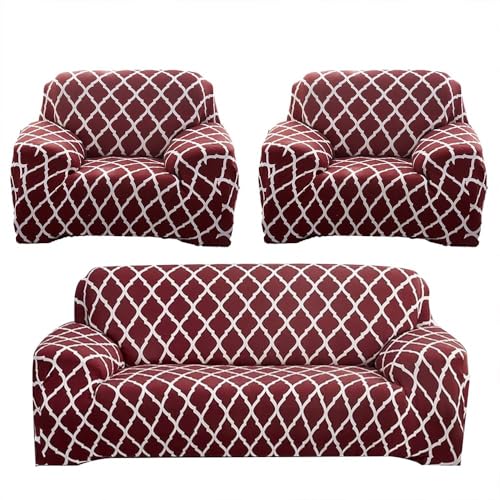 Furshine® Sofa Cover 3 Seater and 2 Seater Fully Covered Universal 5 Seater Sofa Cover Non-Slip Sticky Elastic Stretchable Sofa Set Imported Slipcover (Burgundy Geometry, Five Seater) - Image 1
