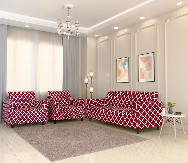 Furshine® Sofa Cover 3 Seater and 2 Seater Fully Covered Universal 5 Seater Sofa Cover Non-Slip Sticky Elastic Stretchable Sofa Set Imported Slipcover (Burgundy Geometry, Five Seater) - Image 2
