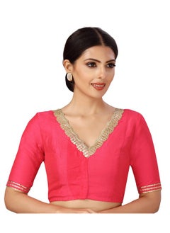 Studio Shringaar Studio Shringaar Women's Readymade Silky Elbow Length Sleeves Saree Blouse With Embroidered Neckline (Pink, 34)  - Image 1