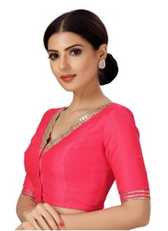 Studio Shringaar Studio Shringaar Women's Readymade Silky Elbow Length Sleeves Saree Blouse With Embroidered Neckline (Pink, 34)  - Image 3