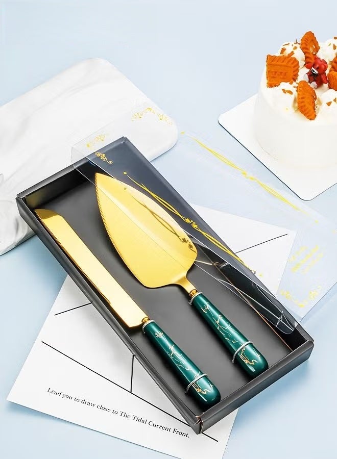 EETU Cake Knife And Server Set,Stainless Steel Golden Cake Cutting Set With Ceramic Handle For Cake Pizza Pie Bread And Dough,Set Of 2 - Image 2