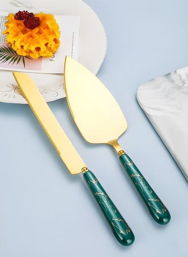 EETU Cake Knife And Server Set,Stainless Steel Golden Cake Cutting Set With Ceramic Handle For Cake Pizza Pie Bread And Dough,Set Of 2 - Image 1