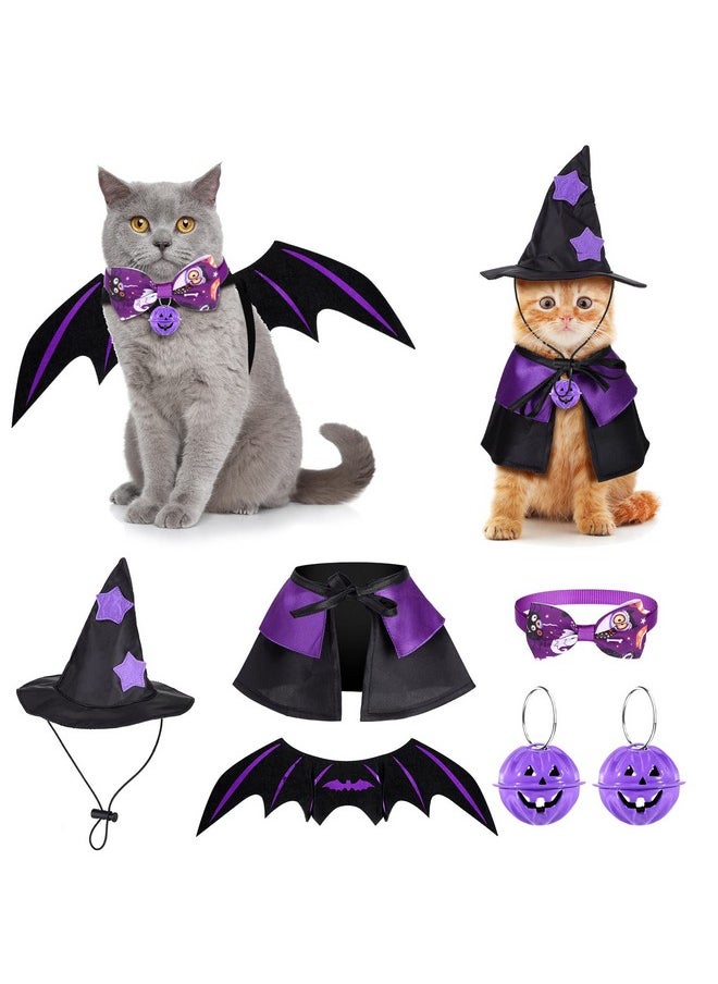 Reginary 6 Pcs Cat Halloween Costumes Set Funny Wizard Cat Clothes Cloak Wings Halloween Adjustable Cat Hats Bow Ties Neckties Halloween Ornament Bells  - Image 1