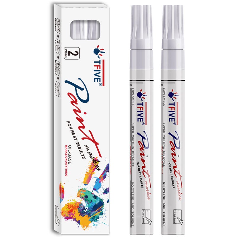 TFIVE White Permanent Paint Marker Pens - 2 Count Oil Based Marker Pen, Medium Tip, Waterproof & Quick Dry, for Office, Art projects, Rock Painting, Ceramic, Glass, Wood, Plastic, Metal, Canvas - Image 1
