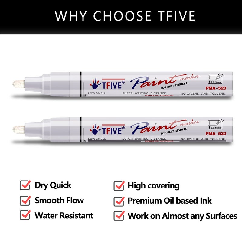 TFIVE White Permanent Paint Marker Pens - 2 Count Oil Based Marker Pen, Medium Tip, Waterproof & Quick Dry, for Office, Art projects, Rock Painting, Ceramic, Glass, Wood, Plastic, Metal, Canvas - Image 2