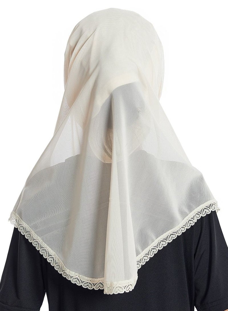 إسكدنيا Girl's Stretch Long Scarf Solid Color Lace Hijab Light Beige  - Image 3