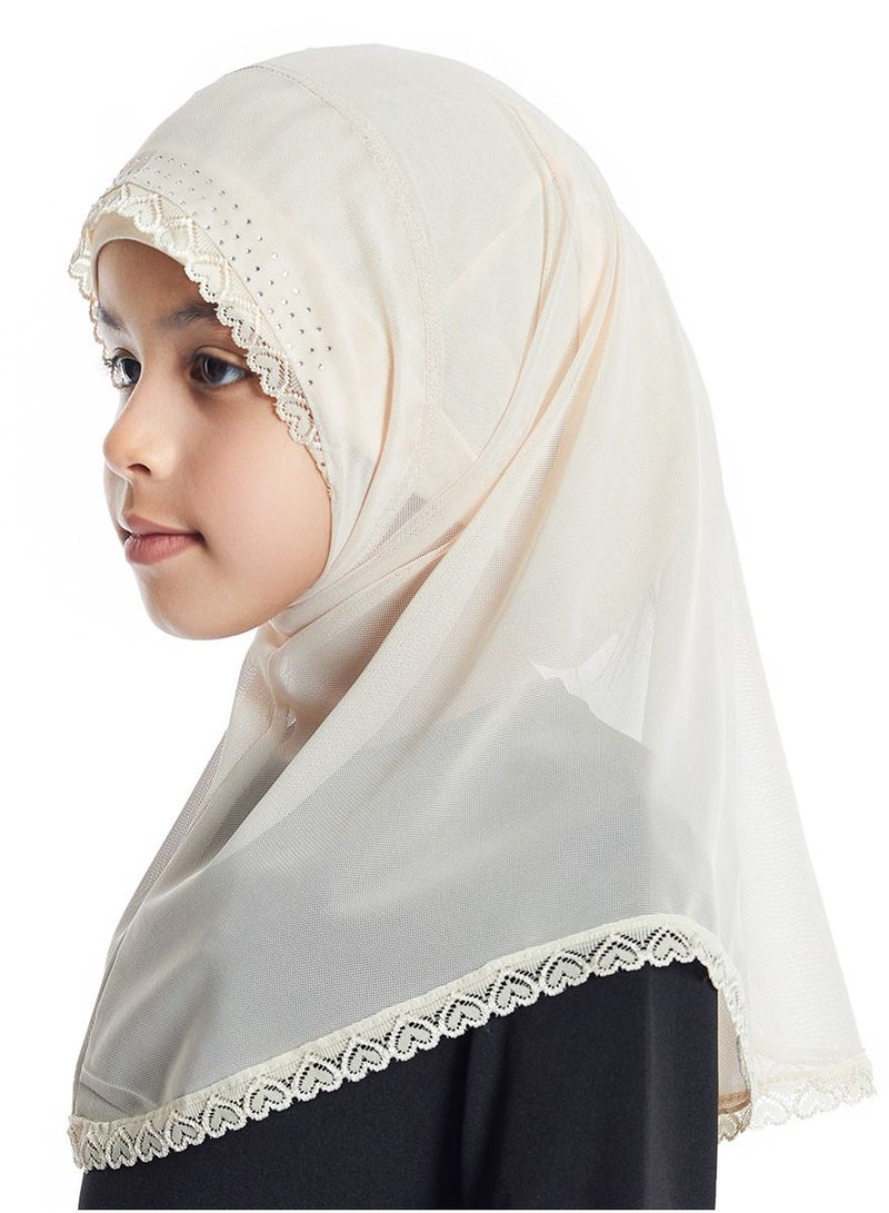 إسكدنيا Girl's Stretch Long Scarf Solid Color Lace Hijab Light Beige  - Image 2