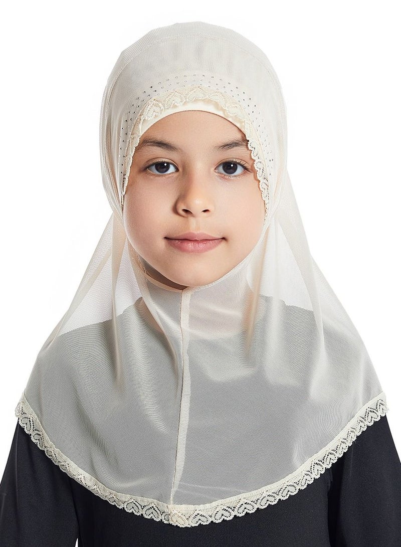 إسكدنيا Girl's Stretch Long Scarf Solid Color Lace Hijab Light Beige  - Image 1