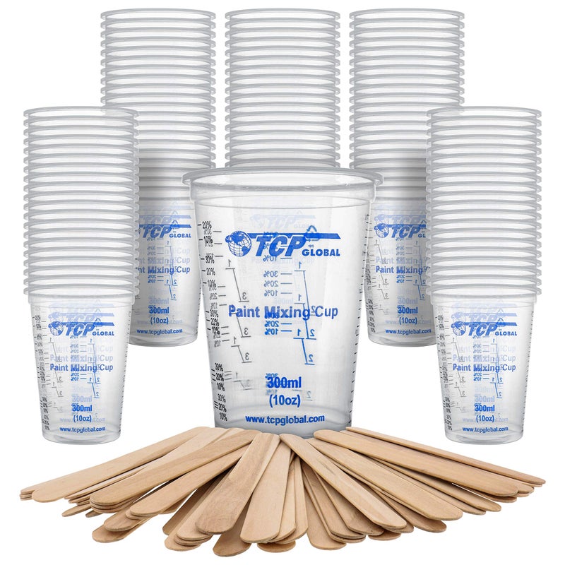 TCP Global 10 Ounce 300ml Disposable Flexible Clear Graduated Plastic Mixing Cups  Box of 100 Cups  50 Mixing Sticks  Use for Paint Resin Epoxy Art Kitchen  Measuring Ratios 21 31 41 ML