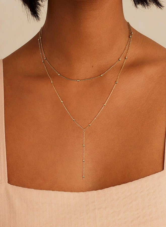 Ewrkbrㅤ Ewrkbr Long Necklaces for Women, Dainty 14k Gold Plated Layered Beaded Chain Necklace Charm Long Gold Necklaces for Women Trendy Fashion Choker Necklace Non Tarnish Gold Jewelry - Image 2