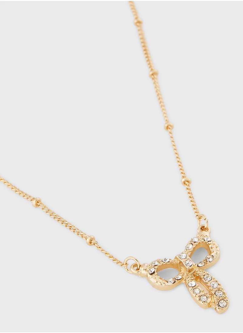 جينجر Rhinestone Bow Pendant Necklace & Earring Set
