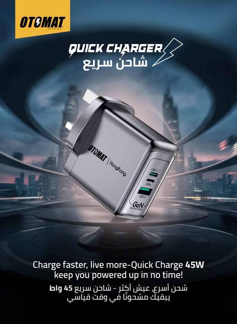 OTOMAT 45W Fast Charger – 3-Port (Lightning, USB-C PD, USB-A) for iPhone, iPad, Android, Laptops, Tablets, Power Banks – Quick Charge, GaN Technology, Compact Design – Black - Image 4