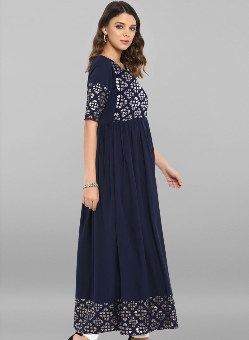 IndHeritage - Premium poly crepe kurti - Dark blue colour women's kurti / kurta with silver colour neck & sleeves detailing - Indian Kurti IDH00002 - Image 3