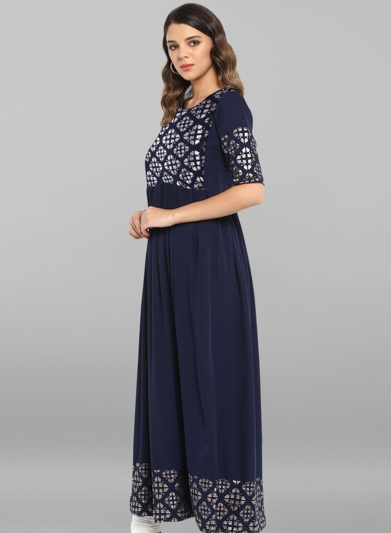 IndHeritage - Premium poly crepe kurti - Dark blue colour women's kurti / kurta with silver colour neck & sleeves detailing - Indian Kurti IDH00002 - Image 2