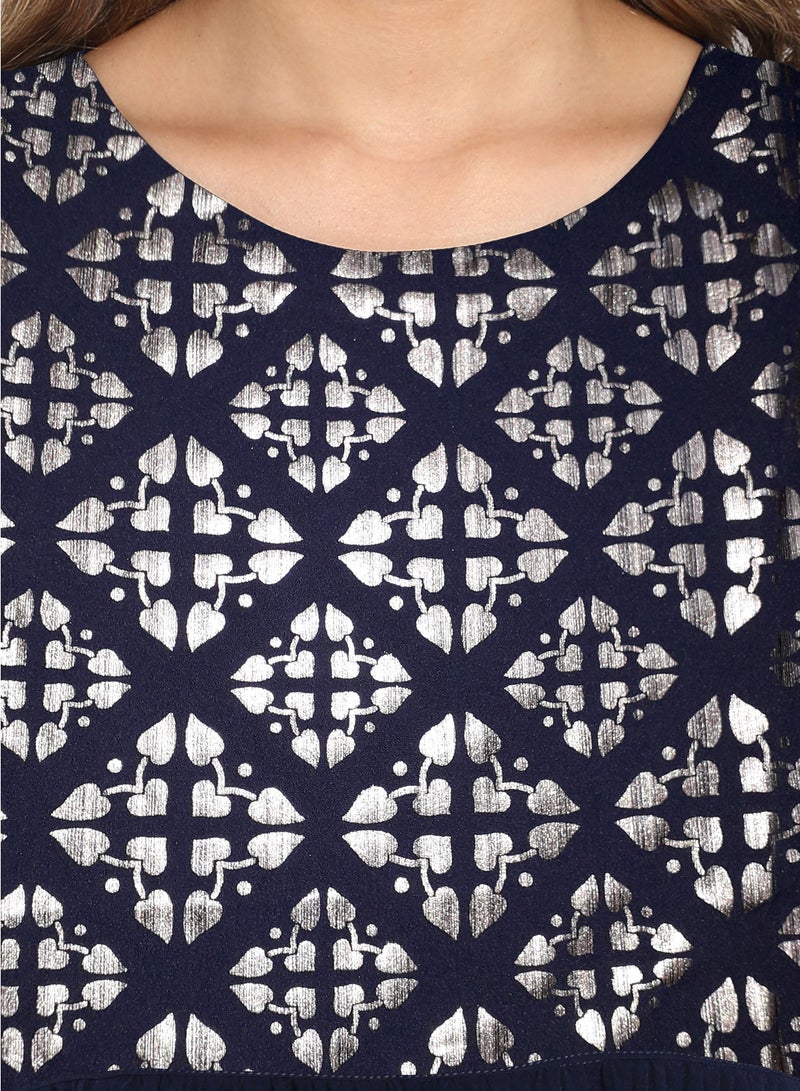 IndHeritage - Premium poly crepe kurti - Dark blue colour women's kurti / kurta with silver colour neck & sleeves detailing - Indian Kurti IDH00002 - Image 5