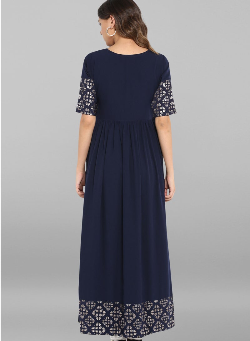 IndHeritage - Premium poly crepe kurti - Dark blue colour women's kurti / kurta with silver colour neck & sleeves detailing - Indian Kurti IDH00002 - Image 4