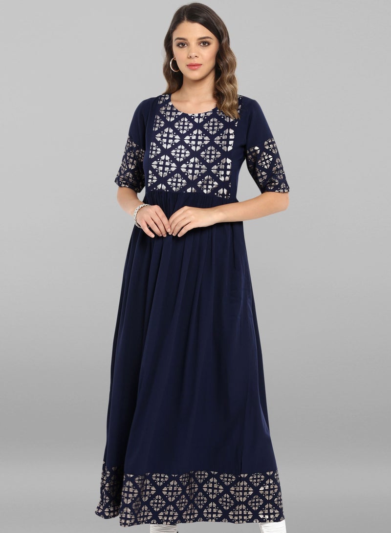 IndHeritage - Premium poly crepe kurti - Dark blue colour women's kurti / kurta with silver colour neck & sleeves detailing - Indian Kurti IDH00002 - Image 1