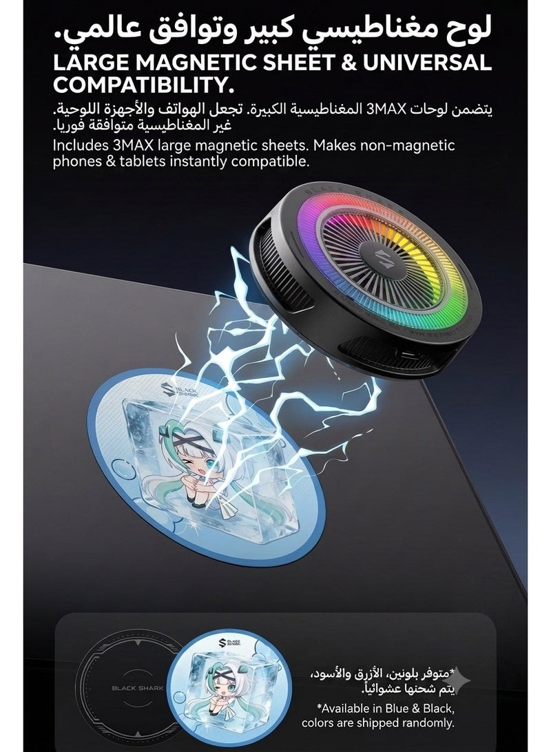 بلاك شارك مبرد ايباد بلاك شارك ٦ ماكس مروحة تبريد مغناطيسية بقوة ٤٠ واط مع إضاءة متعددة الألوان وسطح تبريد واسع، تصميم نحيف ومحمول وتثبيت مغناطيسي قوي، مع صفيحة مغناطيسية مرفقة، مناسب للآيباد والأجهزة اللوحية وأجهزة الألعاب – مثالي للألعاب القوية مثل ببجي موبايل وكول أوف ديوتي موبايل - Image 4