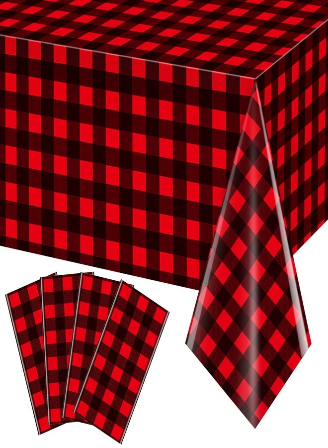 FunnyPars 4 Pack Christmas Buffalo Plaid Party Tablecloth Decorations, Disposable Waterproof Red and Black Lumberjack Checkered Plaid Table Cover Backdrop for Christmas Winter Holiday Party Supplies, 54x108Inch - Image 1