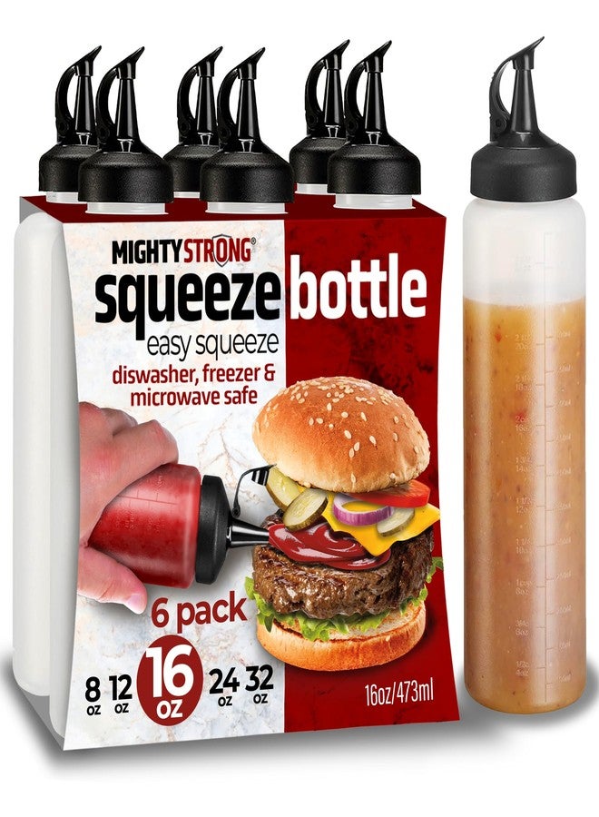 MIGHTY STRONG 6 Pack Condiment Squeeze Bottles for Sauces and Liquids – 16 oz Plastic Refillable Squirt Bottles for Ketchup, Oils, and Condiments – Multipurpose Condiment Containers for Kitchen, BBQ & Cooking - Image 1