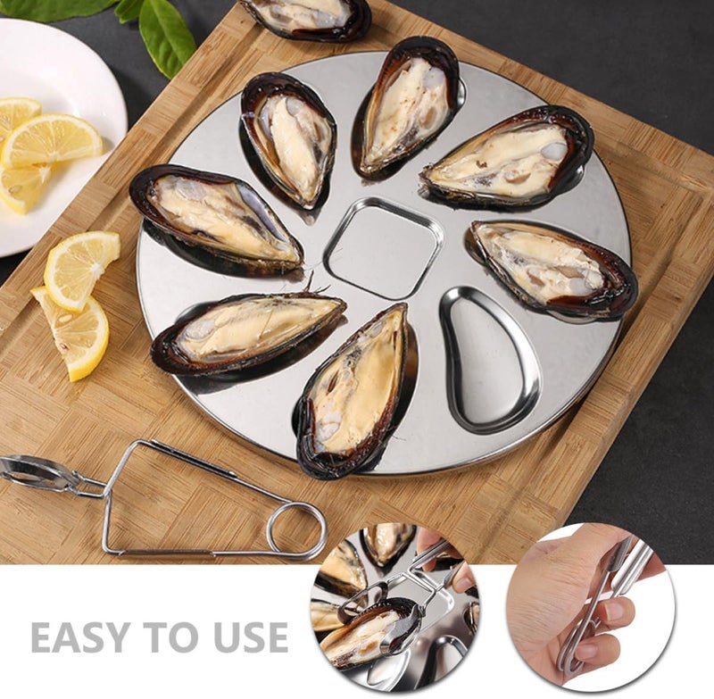 Stainless Steel Oyster Plates Set Fork and Clip, Wear-resistant Metal Oyster Serving Tray for Seafood Restaurants and Home Dining, 3pcs Shucking Dish Kit - Image 3