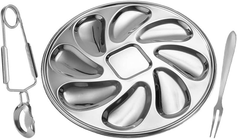 Stainless Steel Oyster Plates Set Fork and Clip, Wear-resistant Metal Oyster Serving Tray for Seafood Restaurants and Home Dining, 3pcs Shucking Dish Kit - Image 1