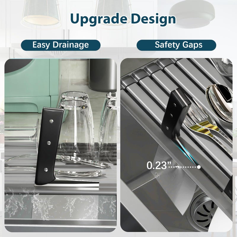 KABUM 17.72x11.81 Heavy-Duty Aluminum Alloy Roll Up Dish Drying Rack, Food-Safe Coating with Anti-Skid Silicone, Extra Wide & Thickened Sink Drying Rack for Kitchen Counter, Space-Saving Organizer - Image 5