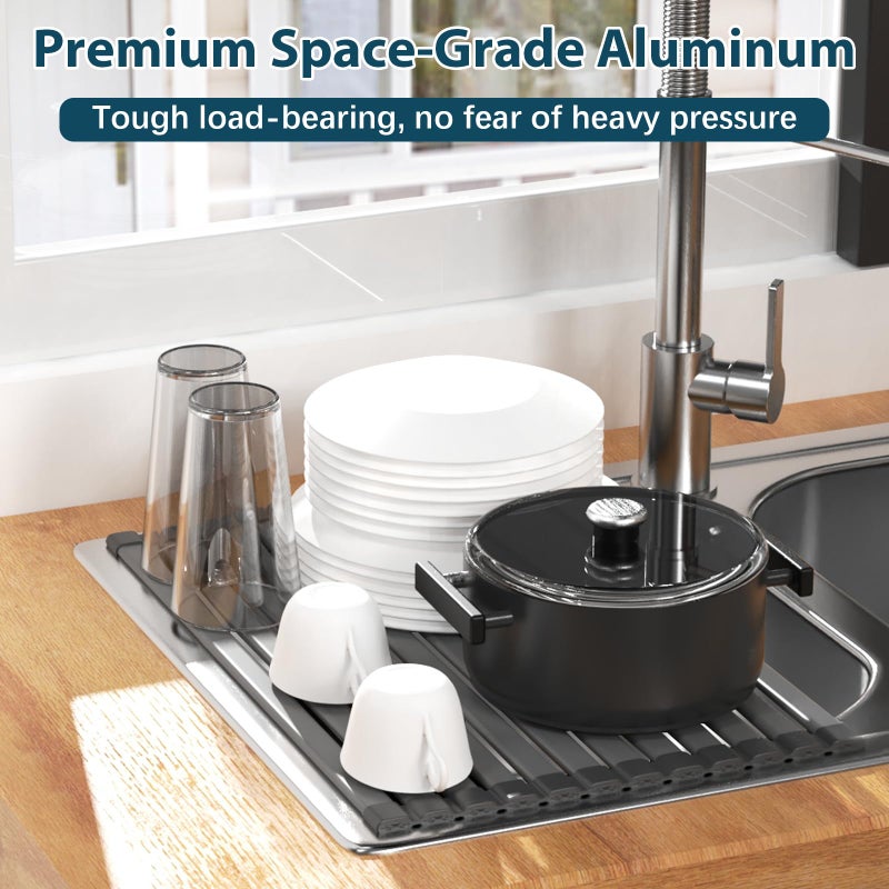 KABUM 17.72x11.81 Heavy-Duty Aluminum Alloy Roll Up Dish Drying Rack, Food-Safe Coating with Anti-Skid Silicone, Extra Wide & Thickened Sink Drying Rack for Kitchen Counter, Space-Saving Organizer - Image 3