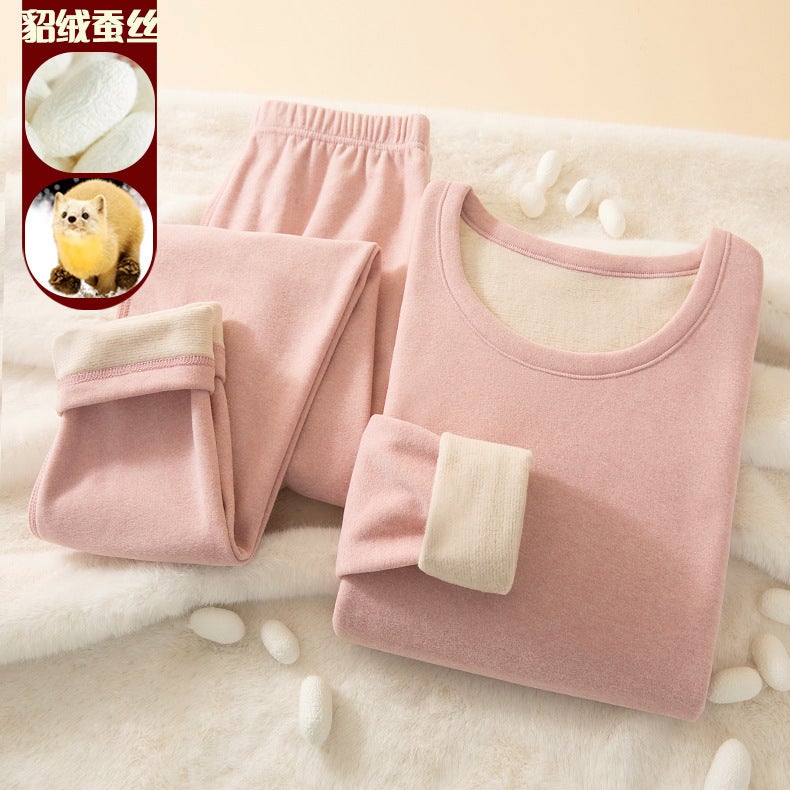 Warm mink velvet silk underwear suit couple mens and womens double-sided sanding thin velvet heat lock warm cashmere autumn and winter Ms. mink velvet suit cherry powder [counter quality] [counter quality]] 