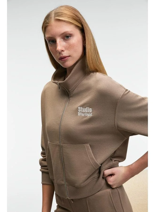 GRIMELANGE TORINA Women's Embroidered Detail Zippered Double Pocket Relaxed Beige Jacket.