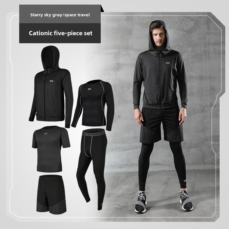 Generic Mens Fitness Tight Suit Basketball Gym Training Summer Set Star Gray-cationic five-piece set