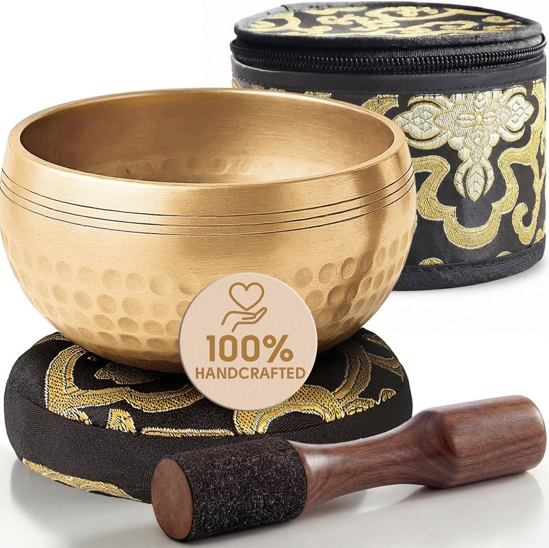Silent Mind Singing Bowl Diameter 9 cm Bronze - Handmade Complete Set with Cushion and Clapper, Suitable for Beginners, Clear Stable Sound, Ideal for Meditation and Mindfulness - Image 1