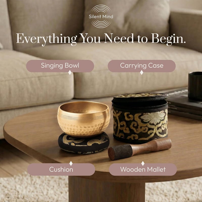 Silent Mind Singing Bowl Diameter 9 cm Bronze - Handmade Complete Set with Cushion and Clapper, Suitable for Beginners, Clear Stable Sound, Ideal for Meditation and Mindfulness - Image 4