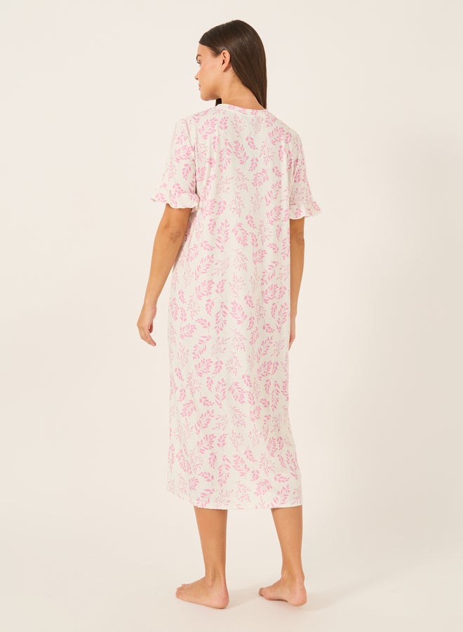 Styli Leaf Print Ruffle Trim Pocket Detail Sleep T-Shirt  - Image 4