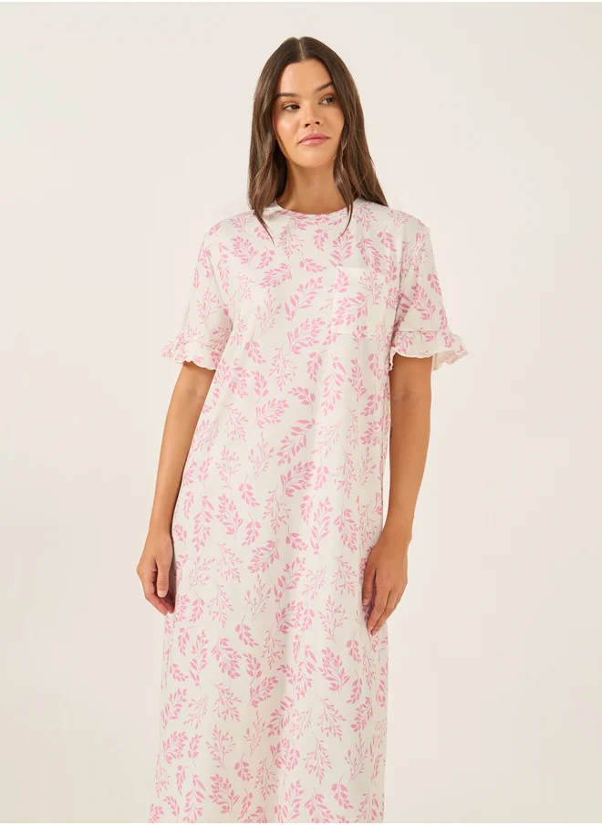 Styli Leaf Print Ruffle Trim Pocket Detail Sleep T-Shirt