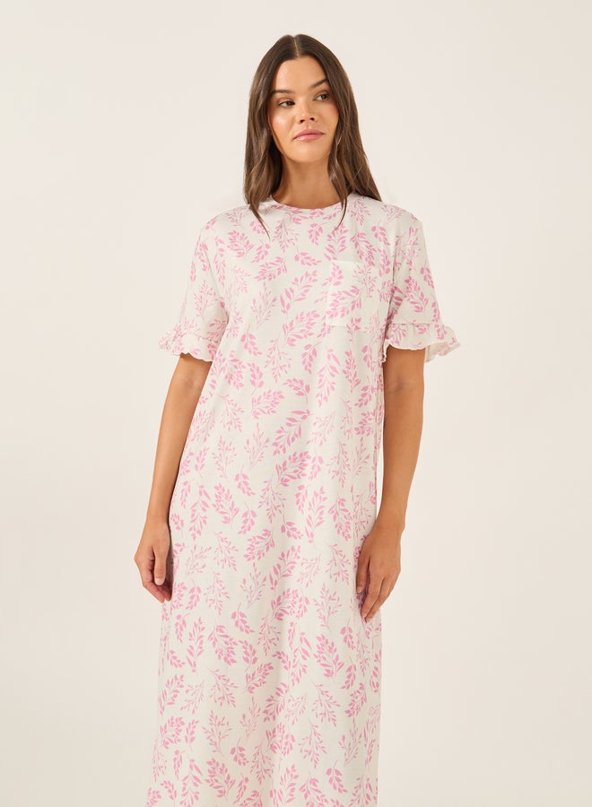 Styli Leaf Print Ruffle Trim Pocket Detail Sleep T-Shirt  - Image 2