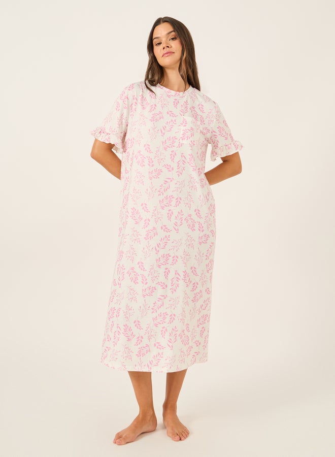 Styli Leaf Print Ruffle Trim Pocket Detail Sleep T-Shirt  - Image 1