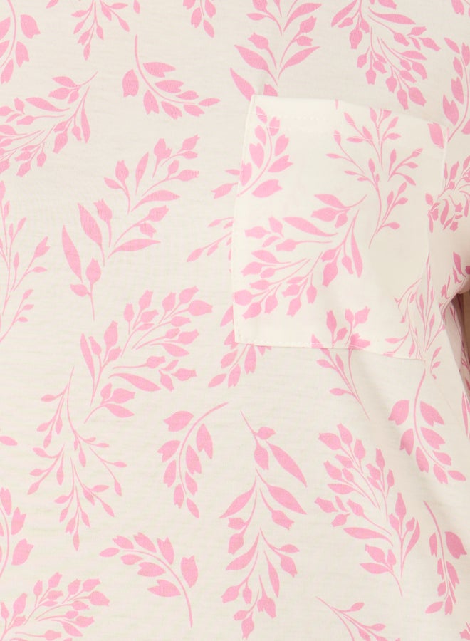 Styli Leaf Print Ruffle Trim Pocket Detail Sleep T-Shirt  - Image 3