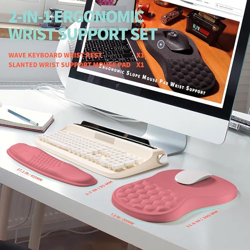 KUOSGM 2-in-1 Ergonomic Set, Wave Rise Keyboard Wrist Rest and Massage Bulge Slope Mouse Pad Wrist Support, Cushion Memory Foam Integrated to Relieve Wrist Pain, Muskmelon Pink - Image 5
