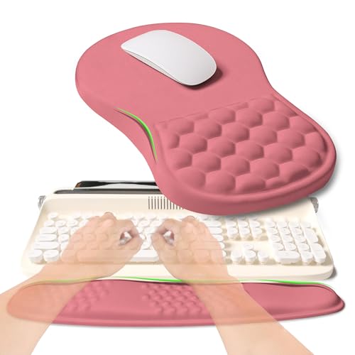 KUOSGM 2-in-1 Ergonomic Set, Wave Rise Keyboard Wrist Rest and Massage Bulge Slope Mouse Pad Wrist Support, Cushion Memory Foam Integrated to Relieve Wrist Pain, Muskmelon Pink - Image 1