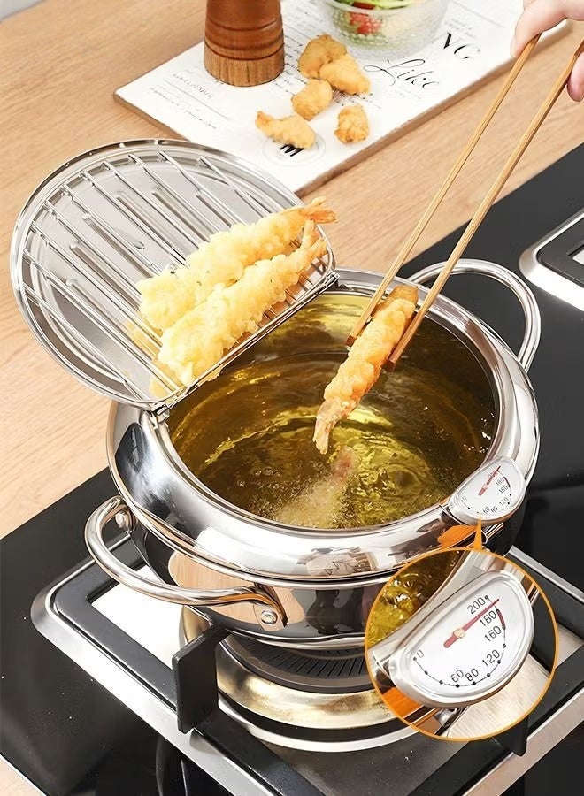 EETU Deep Fryer Pot,2.2L 304 Stainless Steel Tempura Fryer Pan With Temperature Control,Lid,And Oil Drip Drainer Rack For French Fries Shrimp Chicken Wings And Shrimp,20cm - Image 1