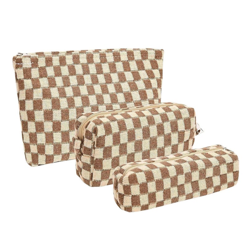 KOTORA 3 Pieces Makeup Bag Large Small Checkered Cosmetic Bag Capacity Canvas Travel Toiletry Bag Organizer Cute Makeup Brushes Aesthetic Accessories Storage Bag for Women Brown - Image 2