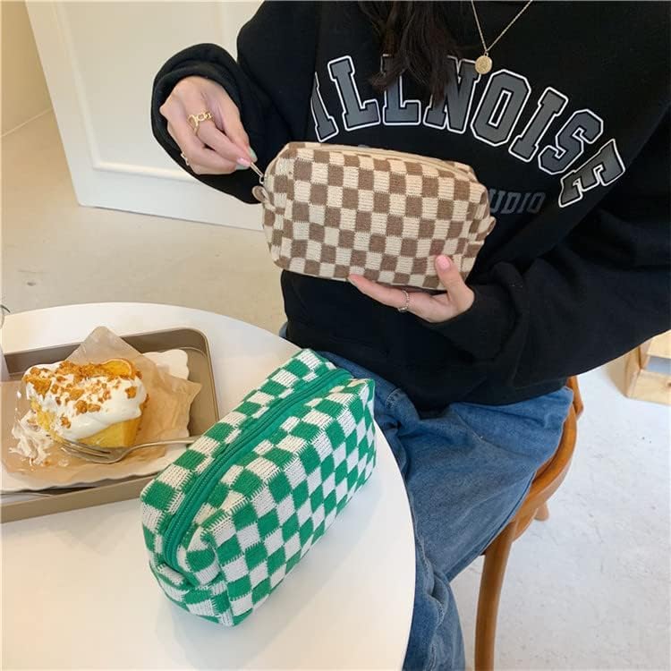 KOTORA 3 Pieces Makeup Bag Large Small Checkered Cosmetic Bag Capacity Canvas Travel Toiletry Bag Organizer Cute Makeup Brushes Aesthetic Accessories Storage Bag for Women Brown - Image 3